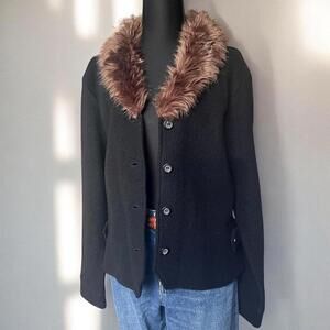 Jillian Jones Black Wool Jacket Parisian Faux Fur Collar Y2K Vintage Coat L